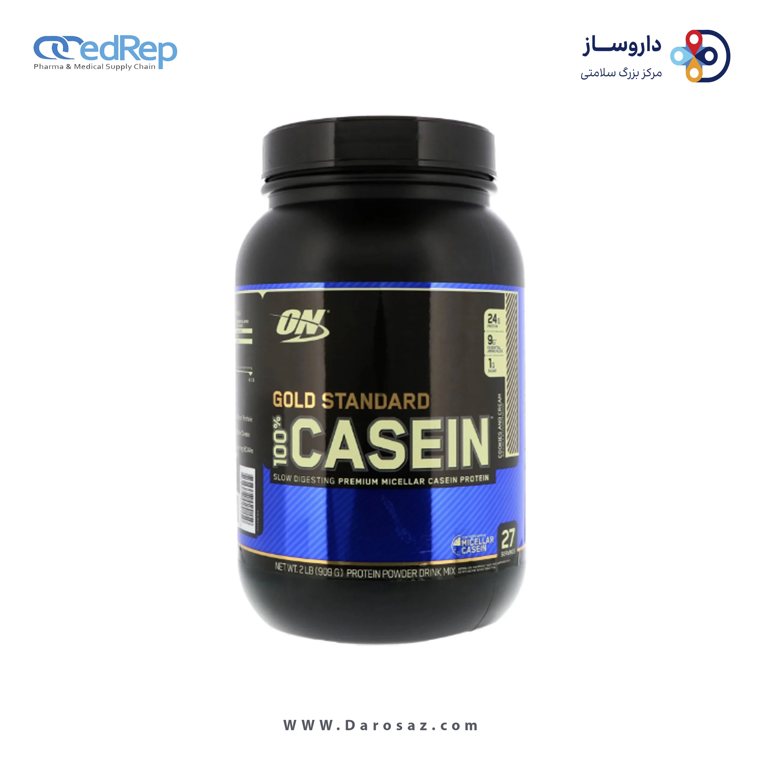 گلد استاندارد 100% کازئین 909 گرم طعم بیسکویت کرمدار پودر